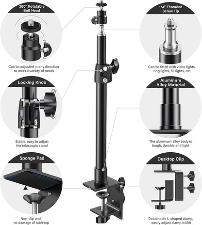 Dazzne 2-Pack Camera Desk Mount Stand with 1/4" Ball Head and Cold Shoe Mount Adapter,12.9-22" Tabletop Mounts Stand, Adjustable Aluminum Desktop Light Stand, for DSLR Camera, Ring Light, Video Light