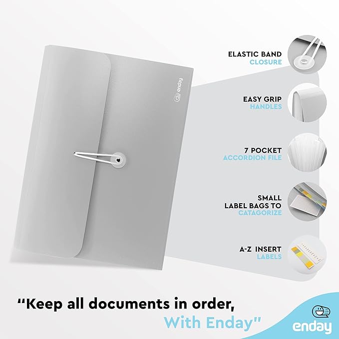 Accordion File Organizer Grey, 7 Pocket Expanding File and Cover Folder with Labels, Plastic Portable Desktop Letter A4 Paper, Also Available in Red, Green, Pink, Blue, Purple, 1 Pc – by Enday