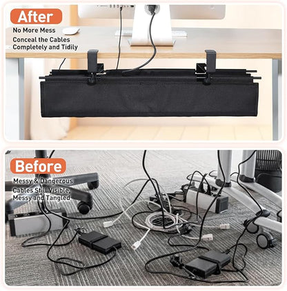 MAXECHO Under Desk Cable Management Tray 28" - Clamp on Wire and Cable Organizer for Storage and to Hide Cords - Ideal for Home Office - Premium Black Fabric Design