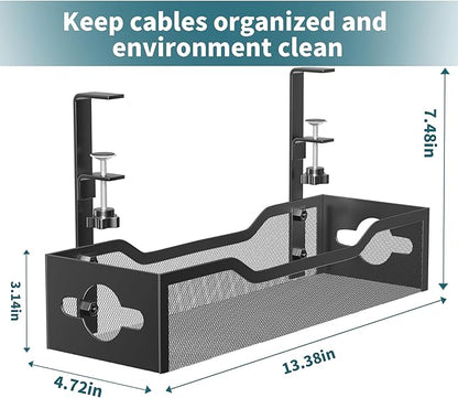Litwaro Under Desk Cable Management Tray 2 Pack, No Drill, Organizer with Clamp Easy to Install for Standing Cord Organizer, Wire Damage Desk, Black, 13.38''-2 pack