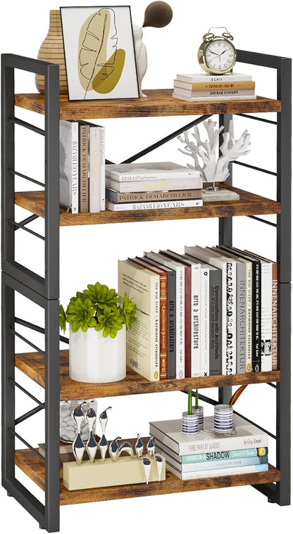 Homeiju Bookshelf, Dorm Desk Hutch, Desk Shelf Organizer, 4 Tier Stackable Bookcase, Adjustable Industrial Book Shelf Storage Organizer for Desktop, Living Room, Bedroom, Office,Rustic Black and Brown