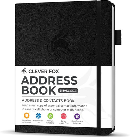 Clever Fox Address Book with alphabetic tabs - PU leather telephone and address book for keeping contacts safe, Contact Organizer Journal, Small Size (4.0″ x 5.5″), Hardcover, Black