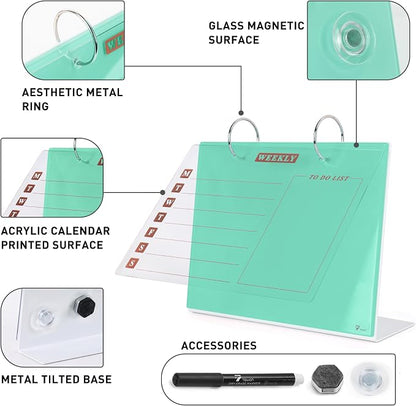 Desktop Glass Dry Erase & Acrylic Aesthetic Calendar Weekly to-do List Combo, Small Magnetic Standing Whiteboard, Desk Flip Easel Calendar with Accessories for Home Office Supply, Mint Green, 9 x 7''
