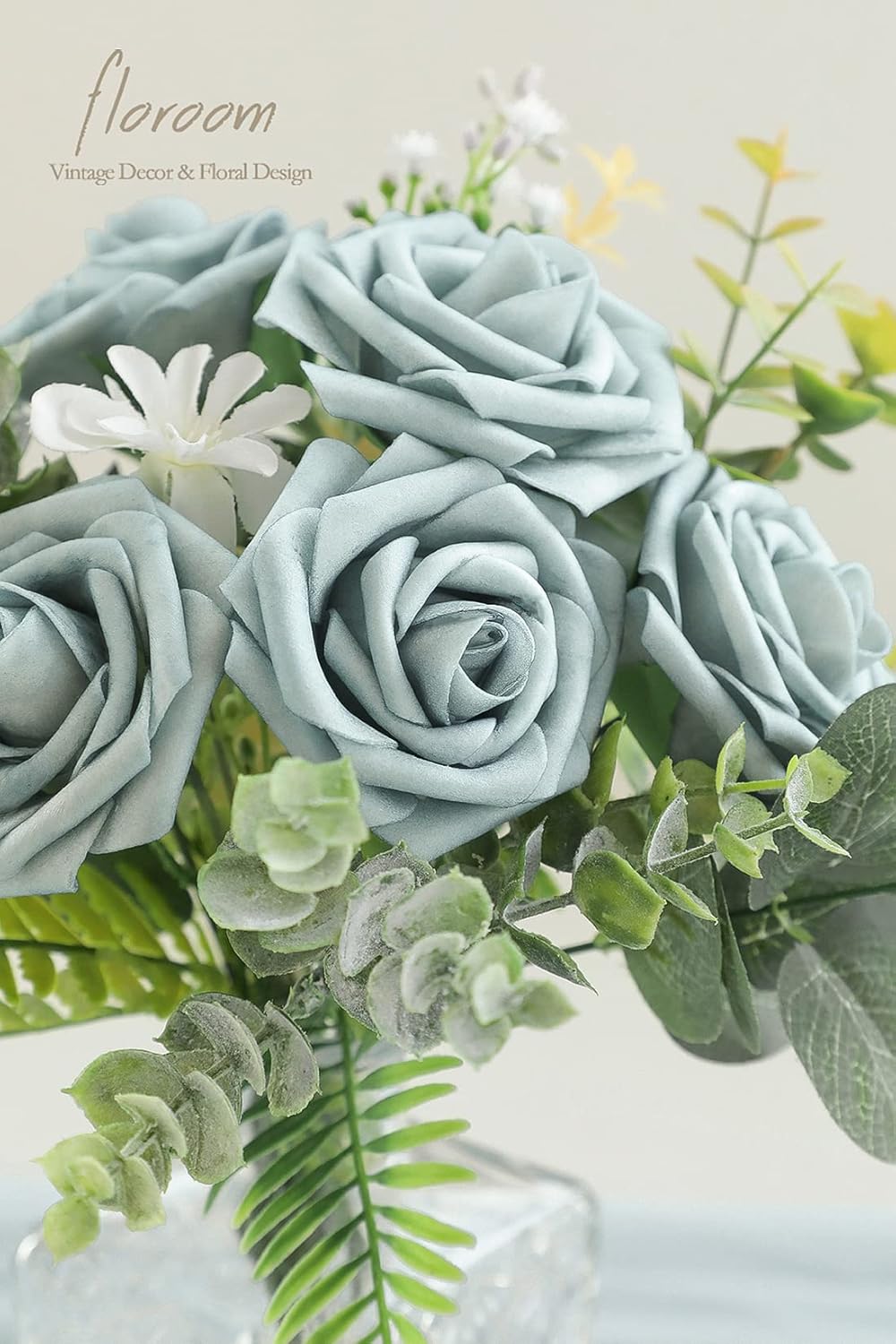 Floroom Artificial Flowers 25pcs Real Looking Dusty Blue Foam Fake Roses with Stems for DIY Wedding Bouquets Bridal Shower Centerpieces Floral Arrangements Party Tables Home Decorations