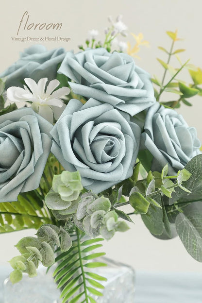Floroom Artificial Flowers 25pcs Real Looking Dusty Blue Foam Fake Roses with Stems for DIY Wedding Bouquets Bridal Shower Centerpieces Floral Arrangements Party Tables Home Decorations
