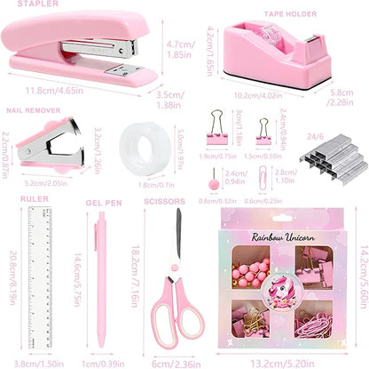 COMFYROOM Pink Desk Accessories with Pen Holder, Pink Office Supplies Desk Organizers and Accessories for women, Tape Dispenser, Stapler, Staple Remover, Staples, Clips Set, Ruler, Scissor, Pen, Tape