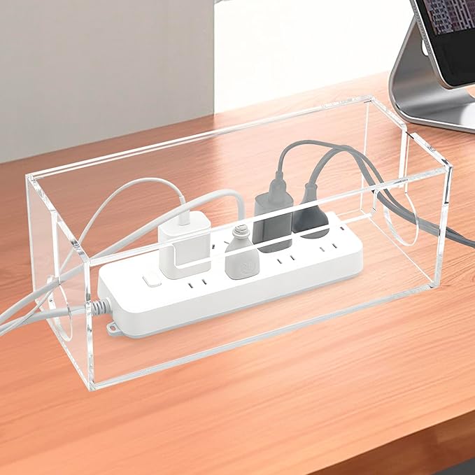 Cable Management Box, 2 Open Slots Cords Hider Box, Under Desk Power Strip Organizer and Floor Cables Storage, Clear