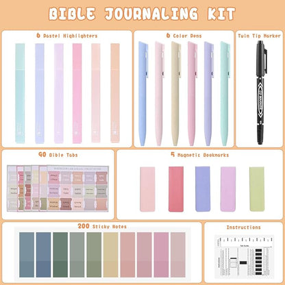Bible Journaling Kit, Bible Study Supplies Set for Women & Men | Includes 6 No Bleed Bible Highlighters, 6 Pens, 90 Laminated Bible Tabs, Magnetic Bookmarks & Sticky Notes