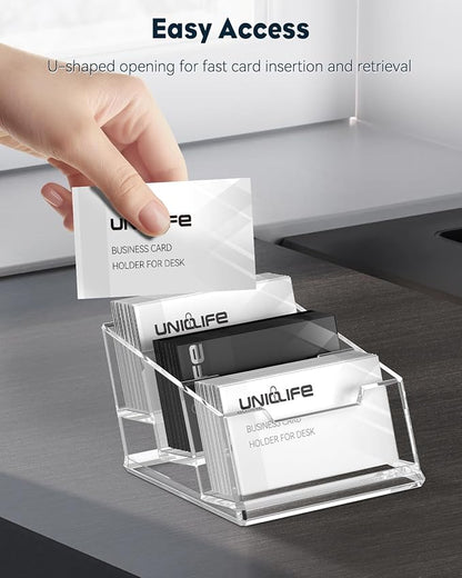 Uniclife Acrylic Business Card Holder for Desk 3 Slots Clear Business Card Display Stand for Men & Women Desktop Business Card Organizer Card Stand for Office Home Exhibition, 180 Card Capacity