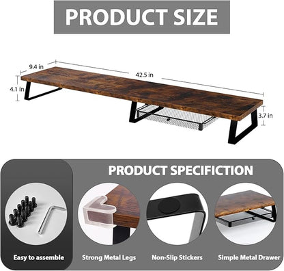 Aothia Dual Monitor Stand Riser with Drawer — Metal Leg Desk Shelf