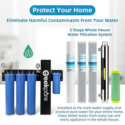 Geekpure 5 Stage Whole House Water Filter System with 2.5 x 20 5 Micron PP Sediment + Carbon Filters and 6 GPM UV