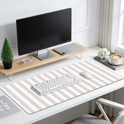 Beige Desk Mat Cute Kawaii PU Leather XXL Large Mouse Pad Striped Pastel Desk Pad Mat Laptop Computer Keyboard and Mouse Mat Home Office Decor for Women Girls