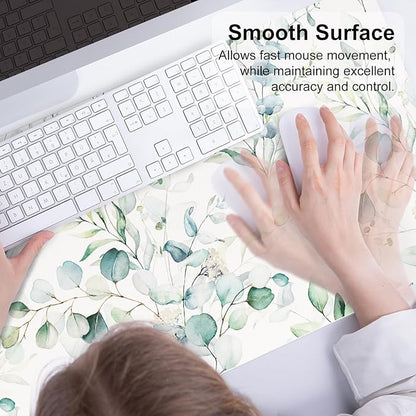 QIYI Large Mouse Pad, Cute Green Leaves Desk Mat for Desktop, Women Girls Office Décor Desk Accessories, PU Leather Waterproof Gaming Mousepad, Eucalyptus Leaf Desk Pad Computer Mat, 31.5" x 15.7"