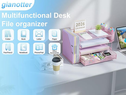 gianotter Desk Organizers and Accessories with File Holder, 4-Tier Desk Accessories & Workspace Organizers with Drawer and 2 Pen Holder, Paper Organizer for Office Supplies (Pink)