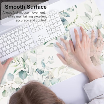 QIYI Large Mouse Pad, Cute Green Leaves Desk Mat for Desktop, Women Girls Office Décor Desk Accessories, PU Leather Waterproof Gaming Mousepad, Eucalyptus Leaf Desk Pad Computer Mat, 31.5" x 11.8"