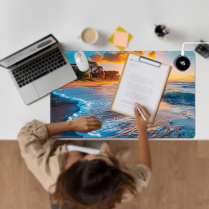 Heated Desk Pad Large Mouse Pad 23.6 x 14.1 inch with 3 Levels Heating & Auto Shut-Off Warm Mouse pad PU Leather Computer Mousepad for Home Office Work - Sunrise Beach