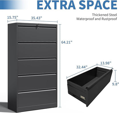 FLIXELIO 5 Drawer File Cabinets,Metal Office Storage Filing Cabinet with Lock, Lateral Filing Cabinet for Home Office, Horizontal Locking File Cabinet for Legal/Letter/A4, Assembly Required, Black