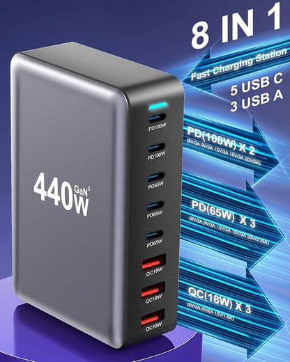 440W Fast USB C GAN Charger Block 8 Port Charging Station HUB Brick Dual PD PPS 100W Wall Charger Compatible with MacBook Pro/Air/All, iPad, iPhone 17/16/15/14/Pro Max, Android Devices etc