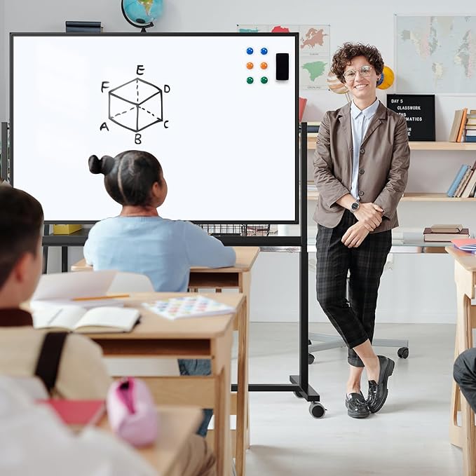 Rolling Whiteboard, 48 x 32 Inches Magnetic White Board with Stand, Double-Sided Large Standing Dry Erase Board on Wheels, Height-Adjustable Mobile Dry Erase Board for Office, Home, Classroom
