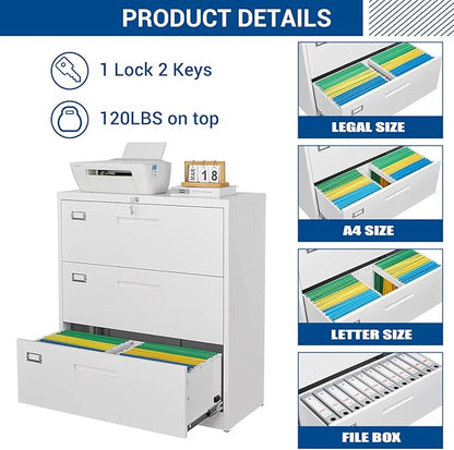 Fesbos Lateral File Cabinet with Lock, 3 Drawer Large Metal Filing Cabinet,Home Office Lockable Storage Cabinet for Hanging Files Letter/Legal/F4/A4 Size-Assembly Required