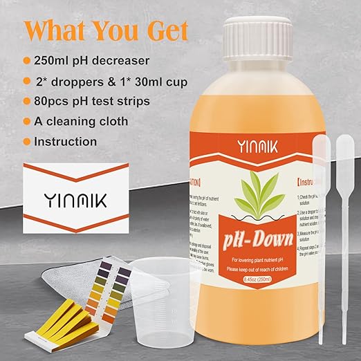 YINMIK General Hydroponics pH Down Liquid, pH Control Liquid Decreases pH Levels, 250ml Premium Buffering for pH Stability,Suitable for All Hydroponics Feeding Systems, Both for Soil and Water