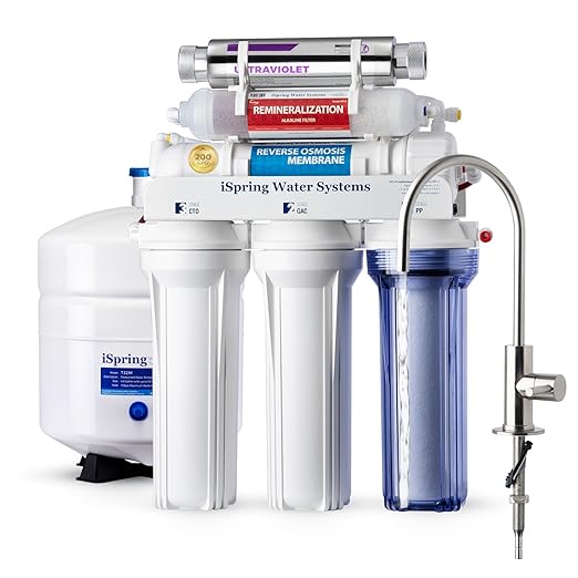 iSpring RCC2AK-UV, Upgraded 200 GPD, UV pH+ Reverse Osmosis System, 7-Stage RO Water Filtration System with Alkaline and UV Filter, Patented Top-Mounted Faucet Design for Easy DIY Installation