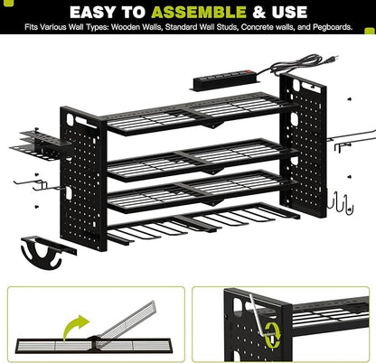 NattyDot Power Tool Organizer Wall Mount with Charging Station 4 Layer 6 Slot Cordless Drill Holder with Angle Grinder Holder (Black)