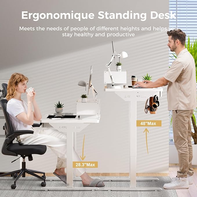 GTPLAYER Electric Standing Desk with Drawers, 55 x 24 Inch Height Adjustable Gaming Desk with Monitor Stand, Power Outlets & LED Lights, Home Office Sit Stand Up Desk with Memory Preset (White)