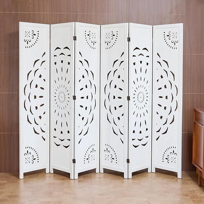66.9Inch Wooden Room Partition - 6 Panels Boho-Styled Space Room Divider for Home/Office, Headboard & Yoga/Photo/Video Call Backdrop (White)