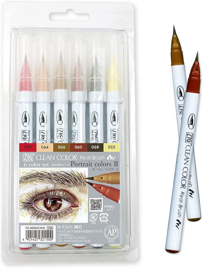 Kuretake ZIG CLEAN COLOR Real Brush 6 colors set 'Portrait colors Ⅱ' for illustration, design art, lettering, calligraphy, drawing