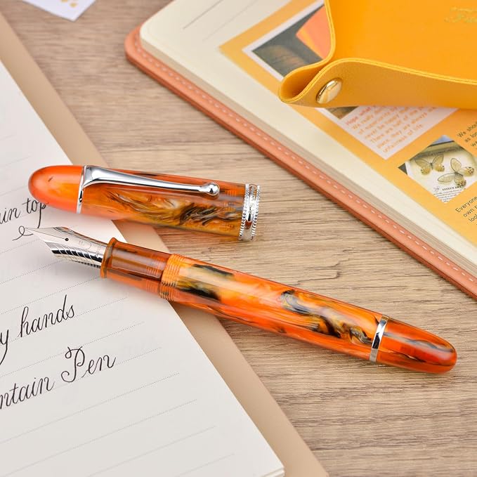 Asvine V800 Fountain Pen – Vacuum Filling System with Large Ink Capacity – Smooth Number 8 Medium Nib with Gift Case and Wrench- Amber Acrylic