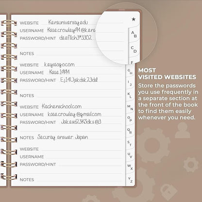 Clever Fox Password Book Spiral – Internet Address & Password Organizer with Laminated Alphabetical Tabs – Password Keeper Journal – Hardcover, Medium Size, 6.1x7.7” (Dark Terracotta)