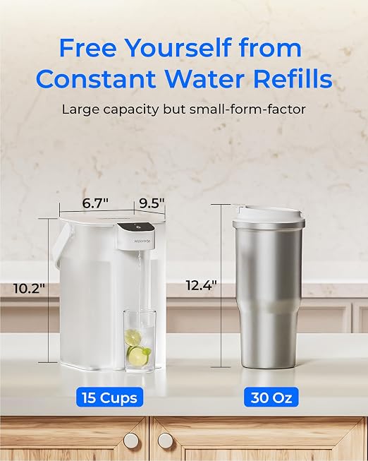 Waterdrop ED61W Rechargeable Water Filter Dispenser, 15-Cup, White | 200-Gallon Water Pitcher, Instant Countertop System, 10X Filtration Efficiency, Reduces 98% Chlorine and 20+ Contaminants