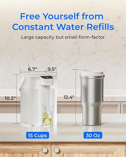 Waterdrop ED61W Rechargeable Water Filter Dispenser, 15-Cup, White | 200-Gallon Water Pitcher, Instant Countertop System, 10X Filtration Efficiency, Reduces 98% Chlorine and 20+ Contaminants