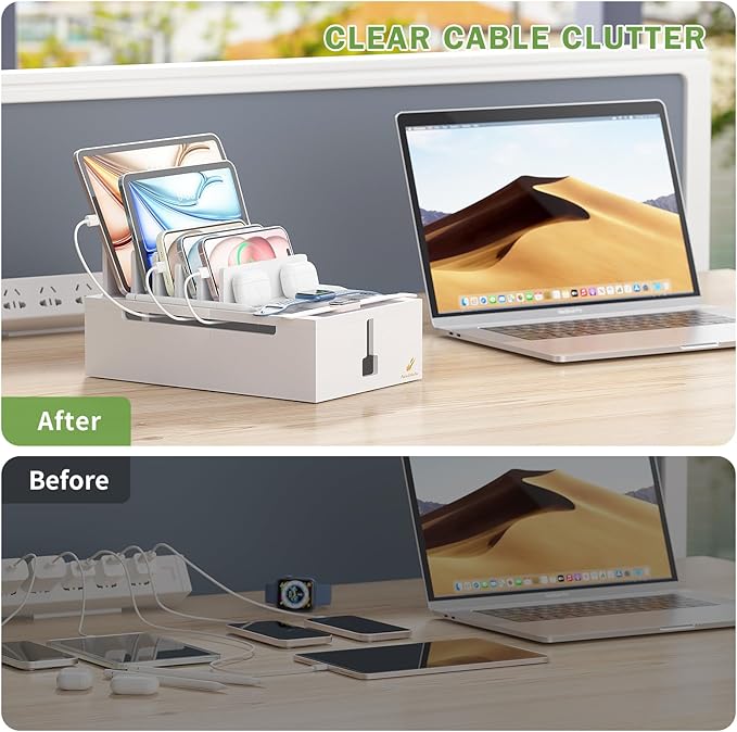Pezin & Hulin Bamboo Charging Station for Multiple Devices, USB Charger Dock Organizer, with Power Supply (10 Ports HUB), 6 Cables, Cable Management Organizer for Cell Phones, Tablets -White