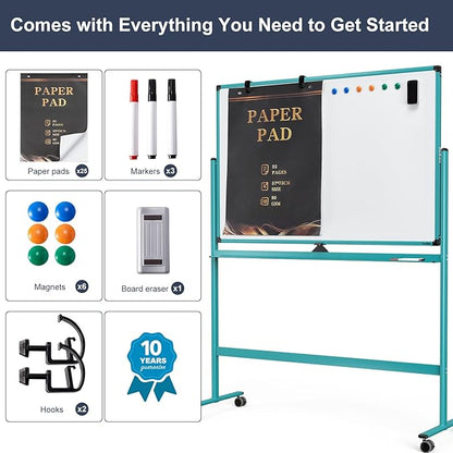 Mobile Whiteboard on Wheels, 48x32 Inches Rolling Whiteboard, Magnetic Dry Erase Board with Stand, Standing White Board for Office, School, Home, Large Double Sided White Board with Paper Pad