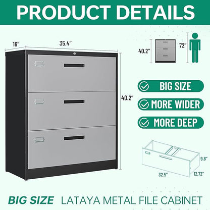 Letaya File Cabinet with Lock-Lateral 3 Drawer Metal Filing Cabinets-Organization Storage for Home Office-Hanging Letter/Legal/F4/A4 Size (Grey Black)