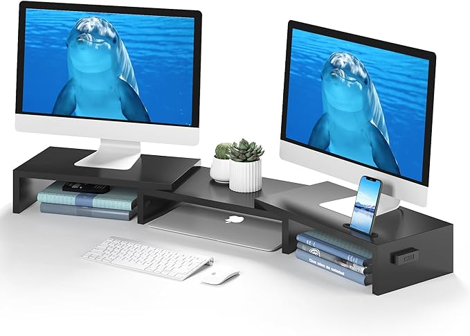 BONTEC Dual Monitor Stand Riser with Smartphone Holder, Adjustable Length & Swivel Angle, Ergonomic Wooden Desktop Organizer for PC Monitor, Laptop, Printer, Large Storage, Black