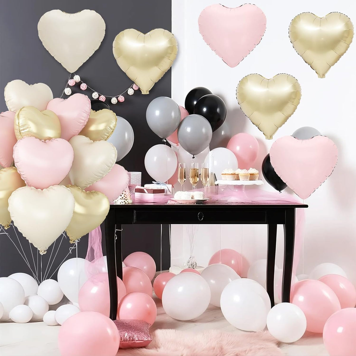 Pink White Gold Heart Balloons,12Pcs 18Inch Cream White Baby Pink Champagne Gold Heart Shaped Foil Helium Balloons for Baby Shower Birthday Anniversary Wedding Engagement Party Decorations