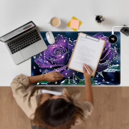 Heated Desk Pad Large Mouse Pad 23.6 x 14.1 inch with 3 Levels Heating & Auto Shut-Off Warm Mouse pad PU Leather Computer Mousepad for Home Office Work - Purple Rose Flower