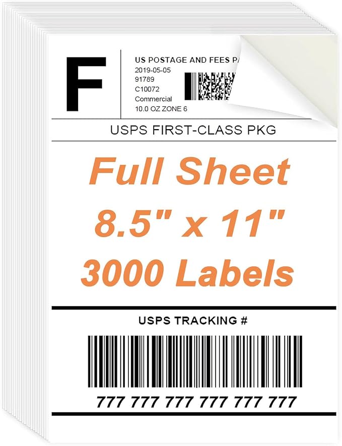 8.5" x 11" Sticker Paper for Inkjet Printers - 3000 Sheets Full Sheet Shipping Labels Printable Full Page Labels 8.5×11 White Sticker Paper for Laser Printing - Matte
