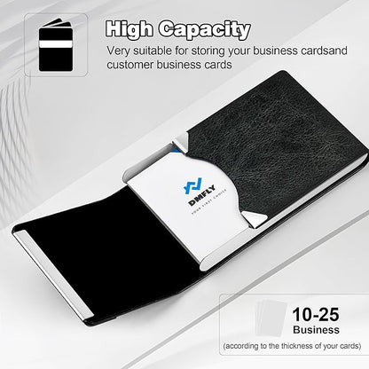 DMFLY Business Card Holder for Women or Men, Business Card Case with PU Leather and Stainless Steel, Slim Metal Case with Magnetic Closure for Business Meeting Use