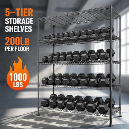 REIBII 45.8“W Metal Shelving Storage Shelves, 5-Tier Wire Shelving Unit,Heavy Duty Garage Shelving, Adjustable Storage Rack for Pantry Kitchen Dining Room Restaurant Supermarket Commercial Black