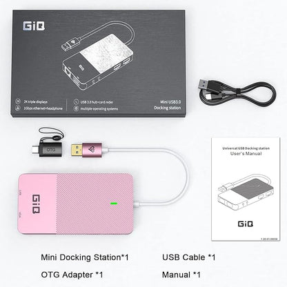 USB Docking Station GIQ USB C HUB USB 3.0 to Dual HDMI VGA Adapter Triple Display USB C Laptop Docking Station Dual Monitor HDMI Splitter Extender Compatible with MacBook M1 M2 USB Dock-Rose Gold