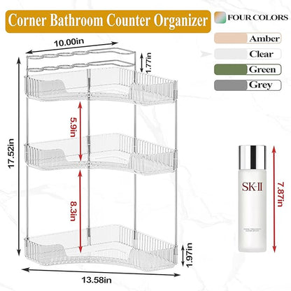 SUNZOS 3-Tier Corner Bathroom Counter Organizer, Bathroom Organizer Countertop with Makeup Brush Holder, Vanity Makeup Cosmetic Storage, Corner Storage for Kitchen, Dresser