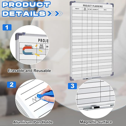 Lincia Project Planning Dry Erase Whiteboard Magnetic Dry Erase Board with Lines Sliding Marker Tray Aluminum Frame White Board Planner for Wall Scheduling(24"x 36",Project Planning Vertical)