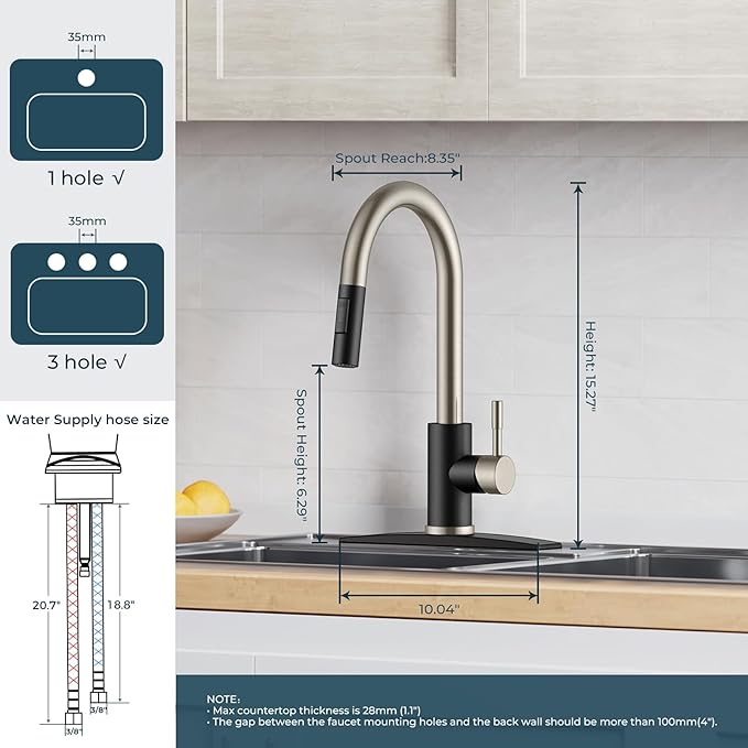 FORIOUS Kitchen Faucet with Pull Down Sprayer, High Arc Modern Classic Sink Faucet Stainless Steel with Deck Plate Fit for 1 or 3 Hole for Pot Filler Bar Farmhouse Laundry Rv, Black Brushed