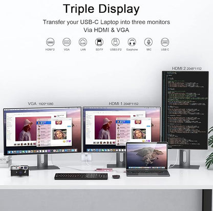USB Docking Station GIQ USB C HUB USB 3.0 to Dual HDMI VGA Adapter Triple Display USB C Laptop Docking Station Dual Monitor HDMI Splitter Extender Compatible with MacBook M1 M2 USB Dock-Rose Gold