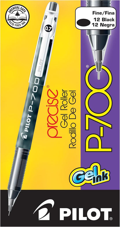 Pilot Precise P-700 Gel Ink Rolling Ball Stick Pens, Fine Point 0.7mm, Black Ink Pens, 12 Count (Pack of 1)