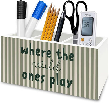 Kids Room Decor Pen Pencil Holder Organizer for Desk, Sage Green Striped Play Room Wooden Box Signs Decorations for Kids Boys Girls Room Bedroom Playroom Desk Tabletop
